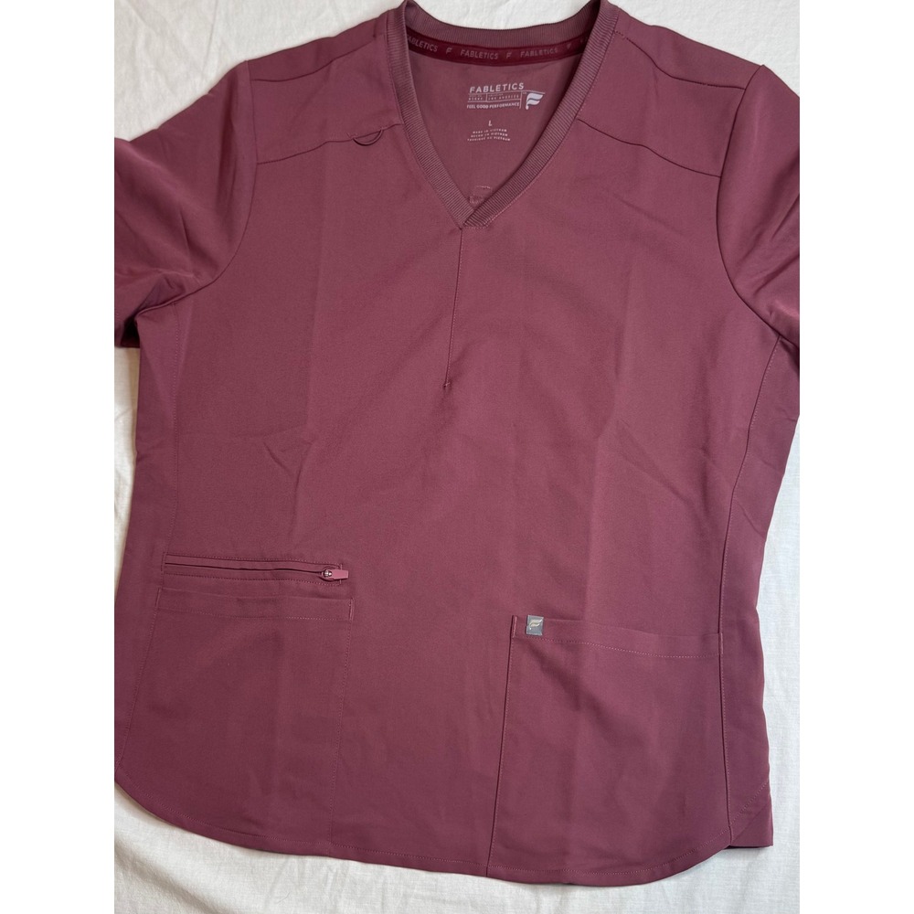 Fabletics Womens Scrub Top Large Burgundy V Neck Stretch Medical Nurse Pockets
